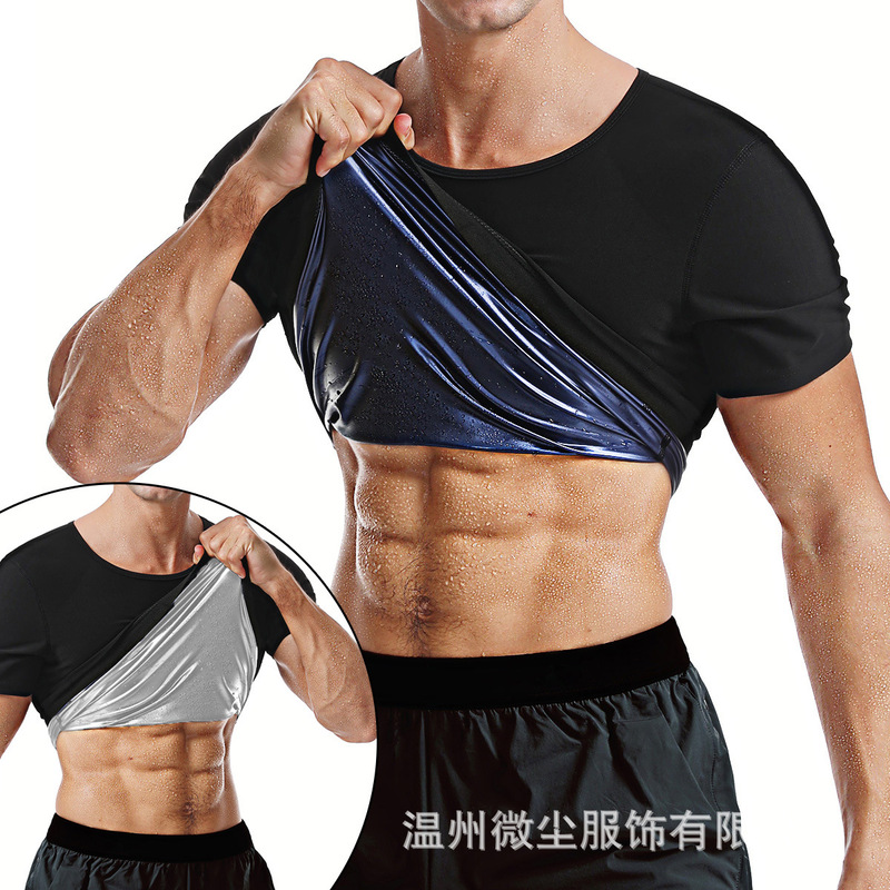 Cross-border European and American Men's Sweat Suit Sports Short-sleeved Plastic Waist Fitness Vest Tunic Abdomen Tight Waist Explosive Sweat Shaper