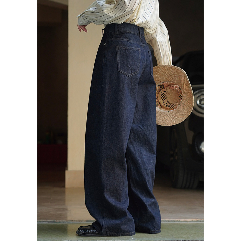 Autumn New Recommended Korean Retro Dark Blue High-Waisted Wide-Leg Jeans Slimming and Tall Casual Pants for Women