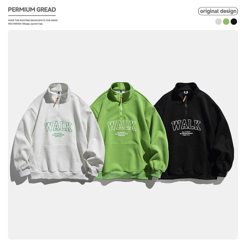 American-Style Trendy Brand Stand-Up Collar Half-Zip Letter-Print Sweatshirt for Men and Women, Niche Designer Pullover Casual Top