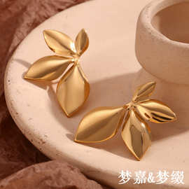 欧美跨境简约百搭通勤饰品不锈钢镀18K金铸造光面花朵树叶耳钉女
