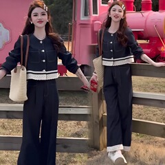 2025秋时尚套装洋气拼接蕾丝长袖小个子--上衣半身裙减龄两件套潮