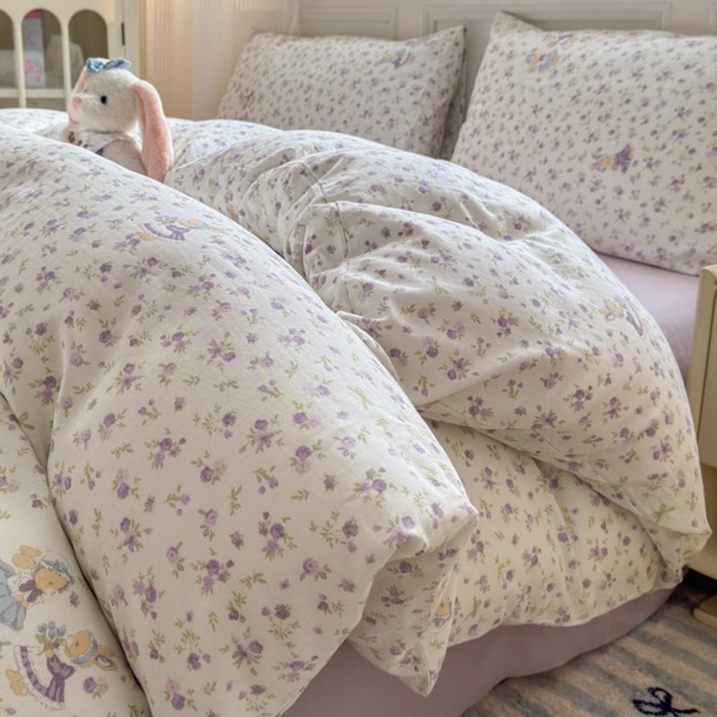 Cama de hilo de doble capa de algodón estilo ins Juego de cuatro piezas Funda de edredón de algodón puro para niños 2025 Nuevo juego de tres piezas de dormitorio de sábanas