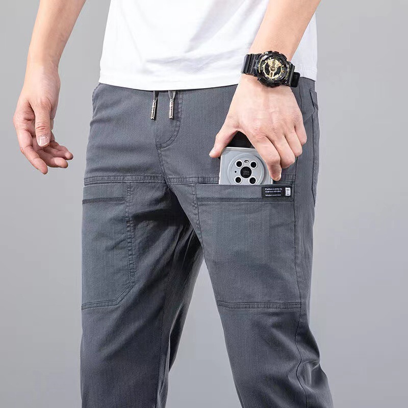 Jeans men's autumn thin fashion brand slim-fit drawstring pants six-pocket casual long pants plus size all-matching overalls men