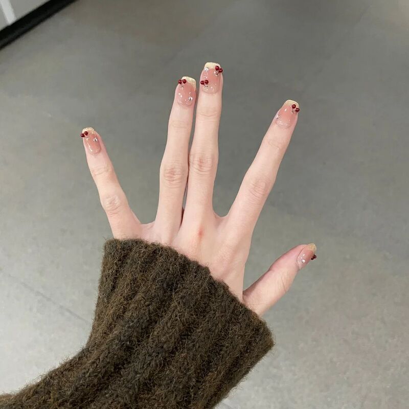 2026 Hot-Selling Cherry 3D Nail Art Gold French Cat-Eye Press-On Nails High-End Press-On Nail Pieces