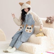 女睡衣保暖家居服冬两件套家居服三层夹棉睡袍睡裙加绒加厚棉衣女