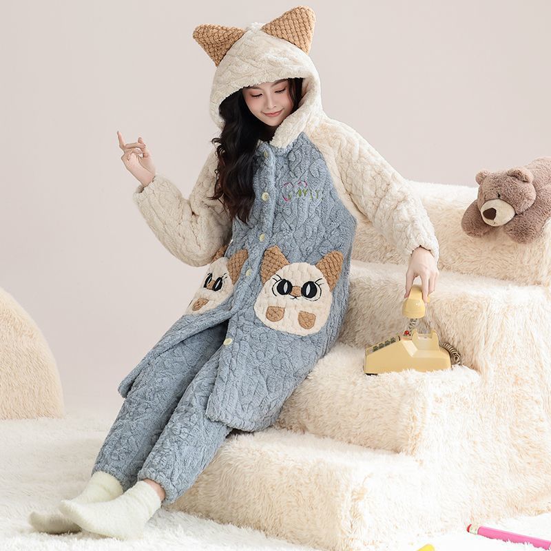 女睡衣保暖家居服冬两件套家居服三层夹棉睡袍睡裙加绒加厚棉衣女