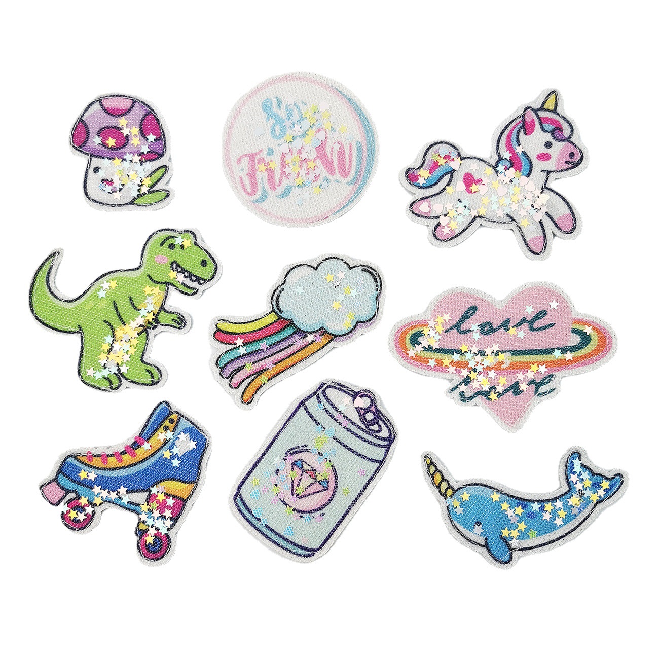闪粉布贴亮片卡通动物印花独角兽DIY公仔珠片童装饰品补丁魔术贴