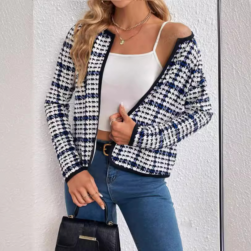 Women's Clothing temperament commuter women's jacket round neck plaid short coat_desvips.com