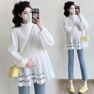 Spring Korean Style Cutout Lace Stitching Long Sleeve Shirt Pregnant Women's Loose Top