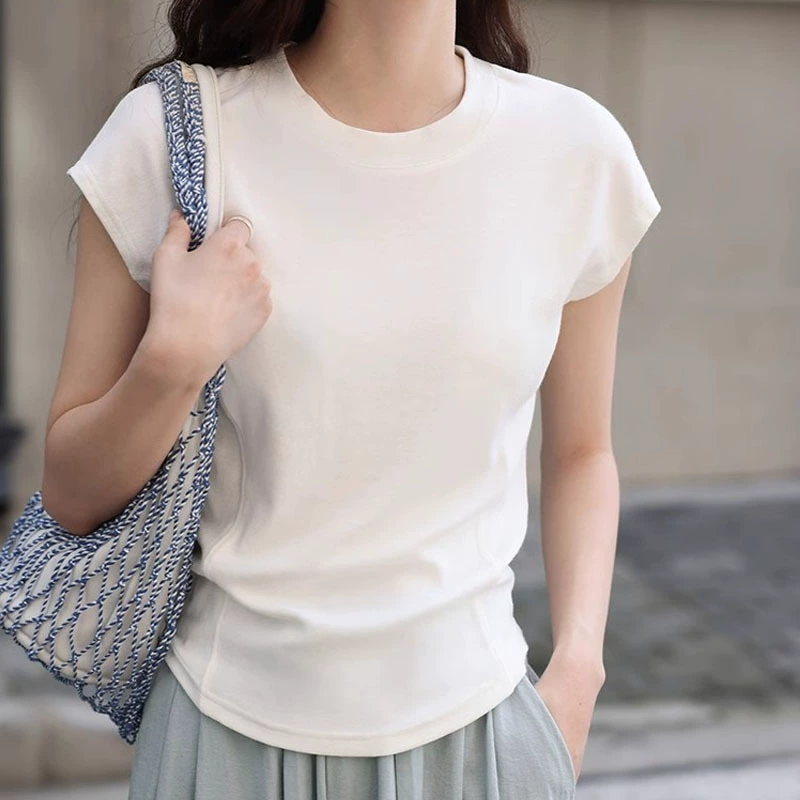 13-костная линия для похудения! Белая элегантная футболка с рукавами, женская тонкая повседневная футболка с короткими рукавами и круглым вырезом, прямая продажа с фабрики