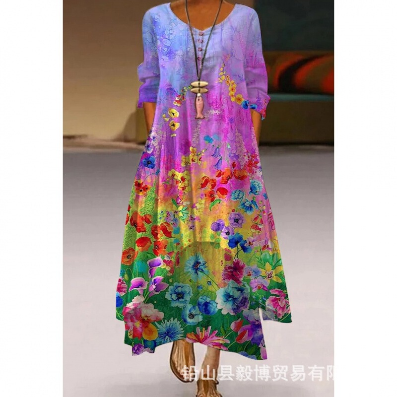 Cross-border Amazon eBay European and American women's new dress with plant and floral print, casual long-sleeve women's clothing Cross-border Amazon eBay European and American women's new dress with plant and floral print, casual long-sleeve women's clothing