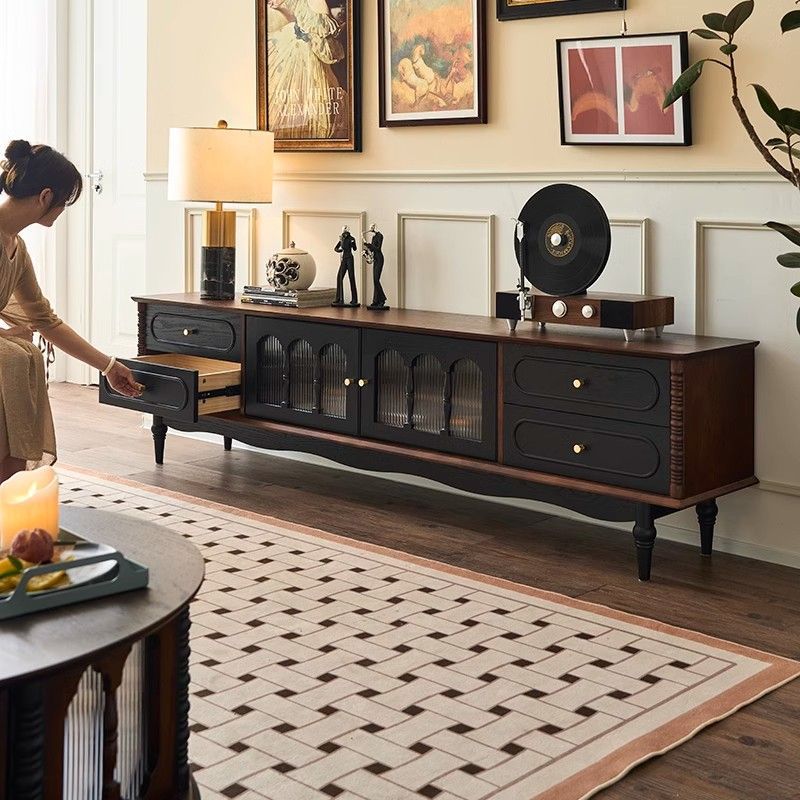 French Retro Solid Wood Tv Cabinet Black American Living Room Coffee Table Tv Cabinet Combination Floor-Standing Storage Cabinet Storage