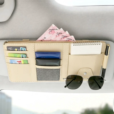 Car Glasses Clip/Bill Clip Storage Clip Leather Car-Mounted - beige-upgraded-model