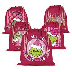新しいピンクのクリスマスグリーン奇両面プリントgrinch緑毛怪新年プレゼント袋ポケット麻袋
