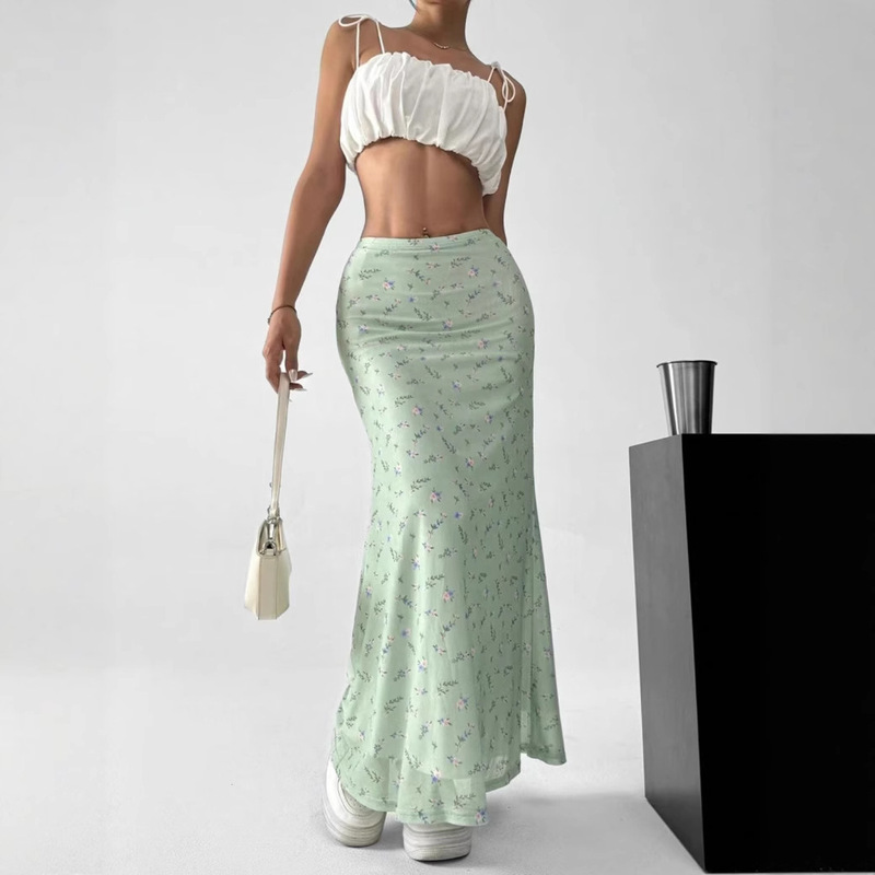 Ayj25L250-2025 Summer Women's Skirt Forest Floral Chiffon Fishtail Long Skirt Pastoral Style Long Skirt for Women