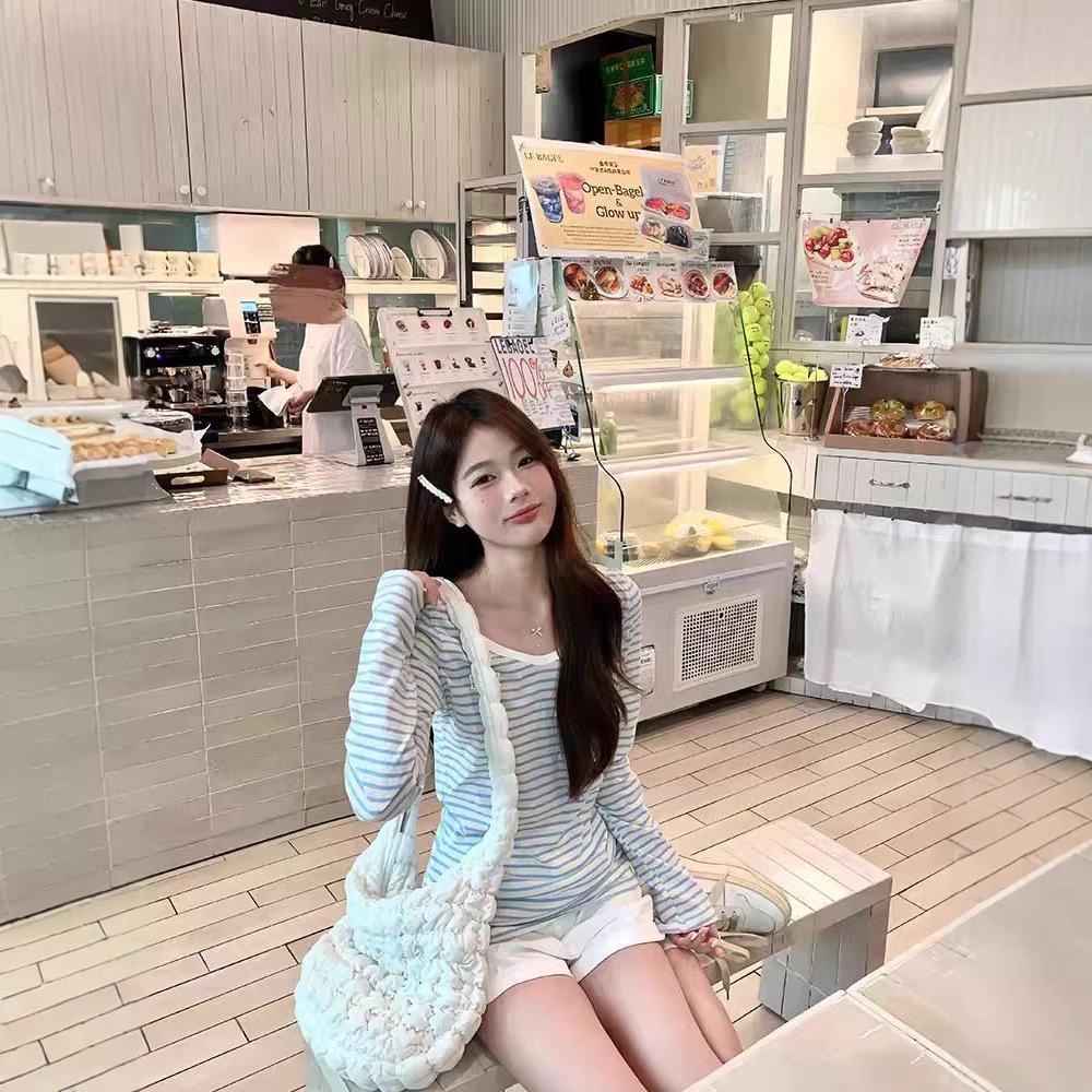 娇茜婷 蓝色V领条纹防晒长袖T恤女韩系松弛慵懒感宽松罩衫上衣女