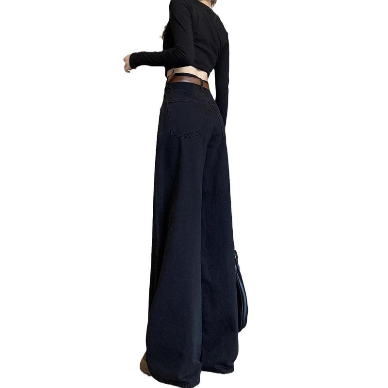 春の新型デザイン感黒レトロなワイドジーンズの女性は腰がゆったりしています。|undefined