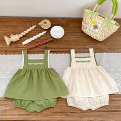 Summer 2024 0-3 Years Old Girls' Solid Color Tank Top and Shorts Set Korean Style Baby Girl Embroidered Top and Bottom Two-Piece Set