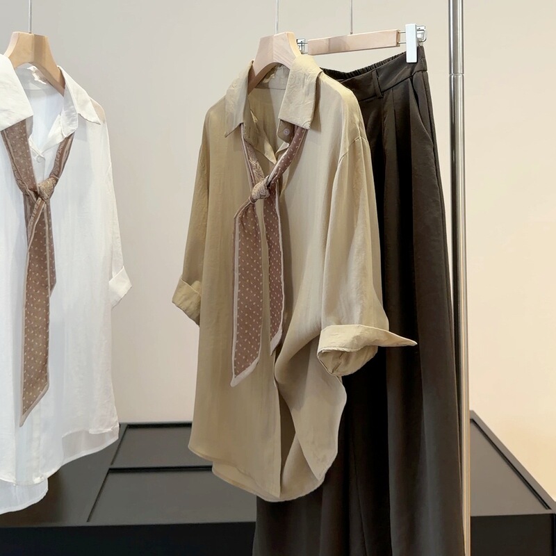 Old Money Style Silk Scarf Tie Shirt for Women, Summer 2026 New Korean Style Loose Thin Slimming Five-Quarter Sleeve Top