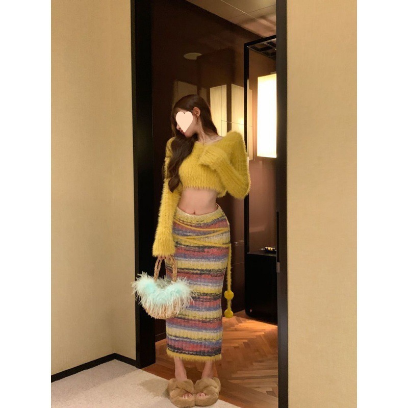 (2개) 순수한 욕망 노란 스웨터 외부 착용 슬림 핏 짧은베이스 탑 뜨거운 소녀 높은 허리 내복 여성의 가을과 겨울 스웨터