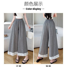 跨境批发复古黑白格纹裙裤女夏季新款高腰显瘦撞色花边拼接休闲裤