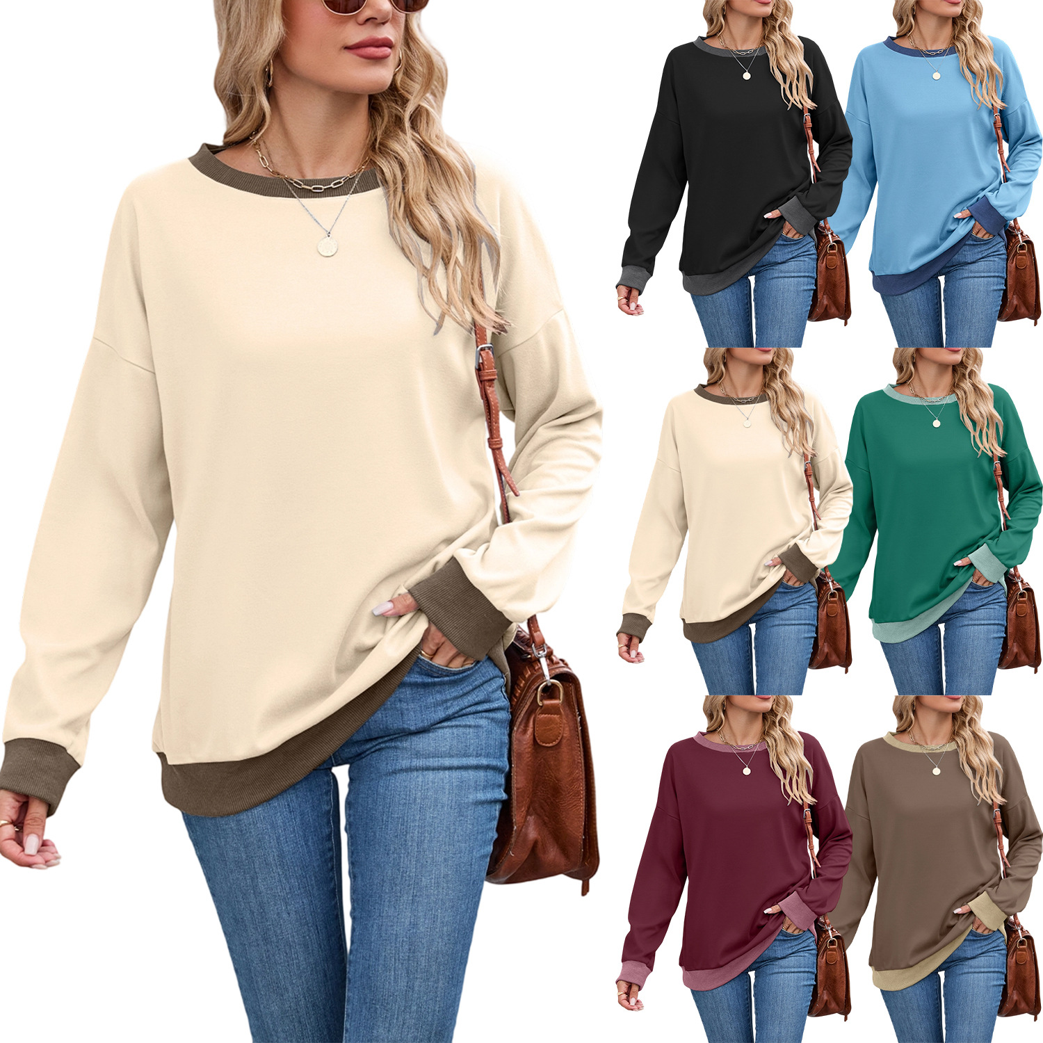 2025 European and American Export Cross-Border Women's Clothing Amazon Popular Round Neck Loose Top Long-Sleeved Color-Blocked Ribbed Sweatshirt for Women