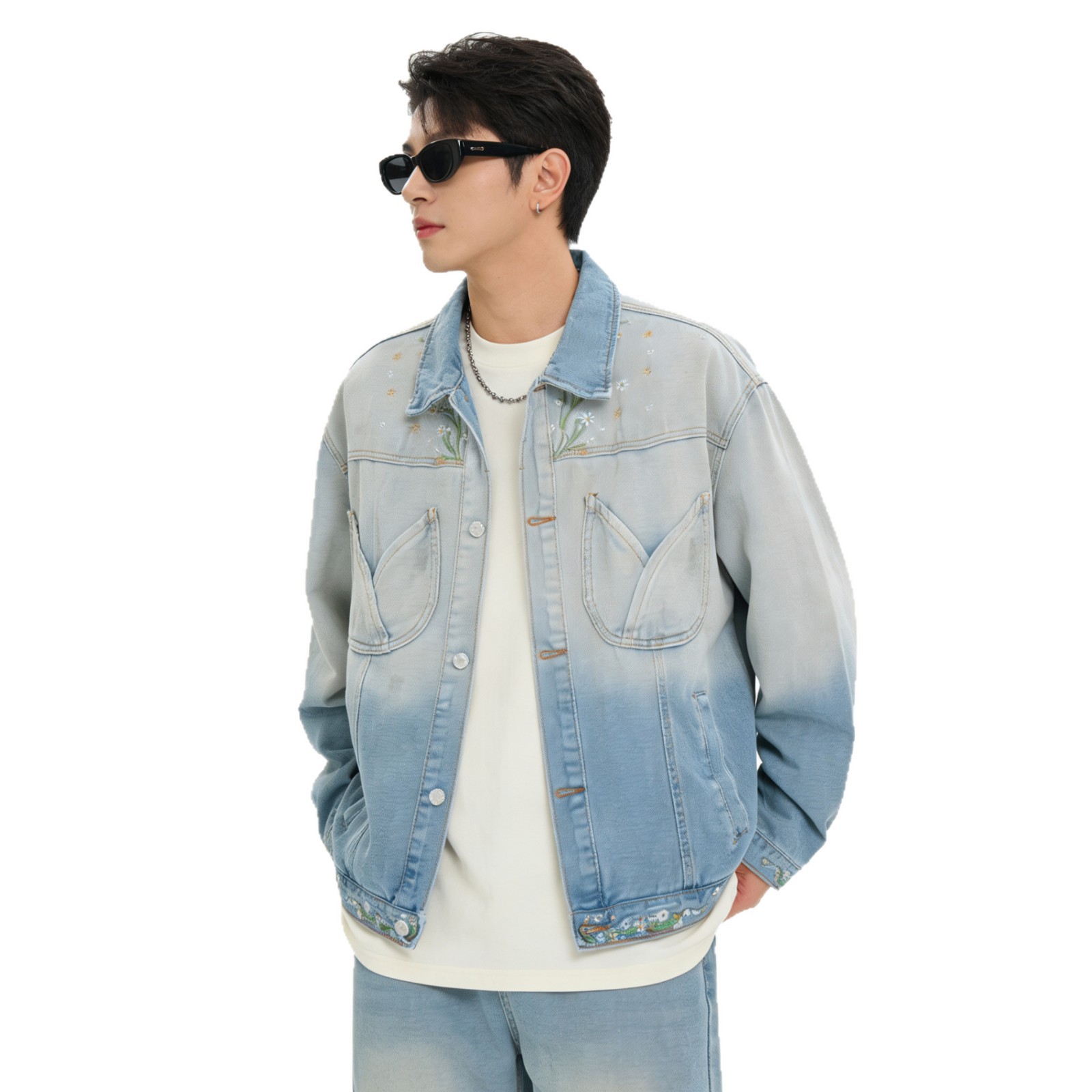 Retro Floral Denim Jacket Unisex Loose Distressed Gradient Style_voghion.com