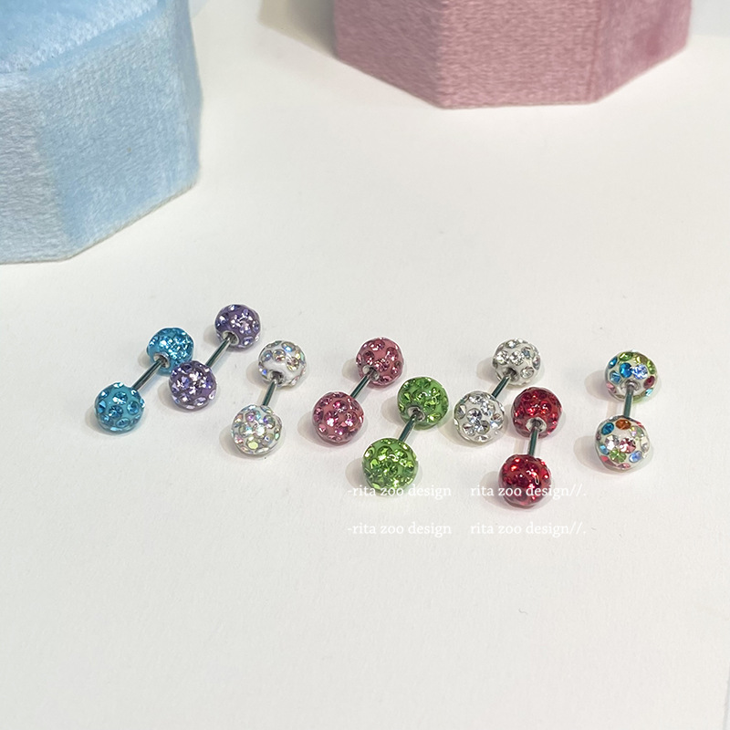 蹦迪小钻球!双头捷克钻香巴拉陶土球耳钉小众设计炫彩钛钢耳骨钉