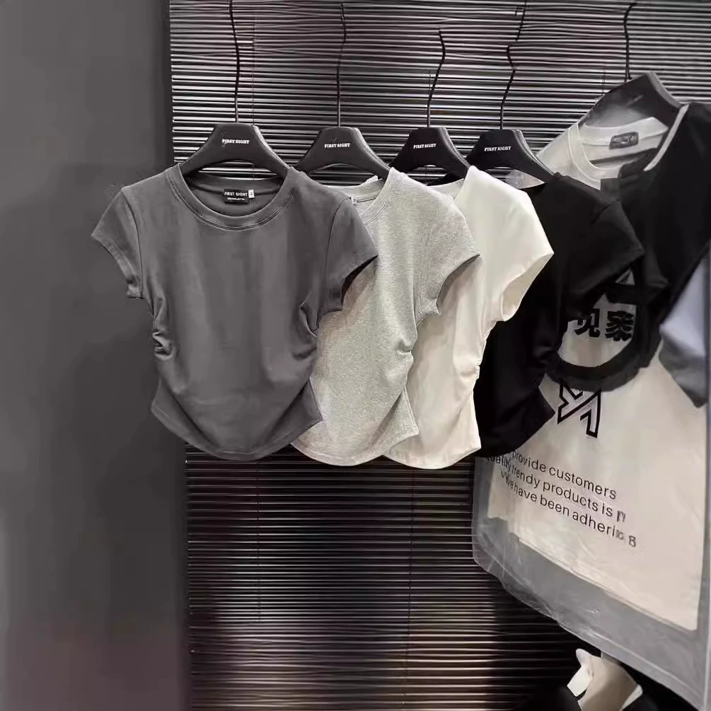 Женская футболка с коротким рукавом, облегающая, однотонная, летняя новинка 2025 года, для стройных девушек.