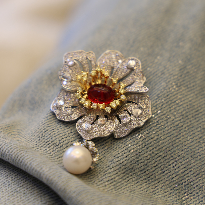 DIY Accessories Advanced Sense Begonia Flower Brooch Women's Copper Gold Plated Micro-inlaid Zircon Elegant Pin Pearl Corsage Empty Holer