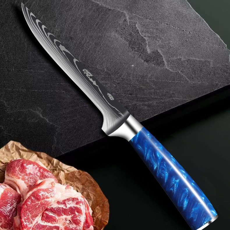 蓝色大马士革纹剔骨刀进口屠宰卖肉分割削骨头肉刮刀切羊肉加长刀