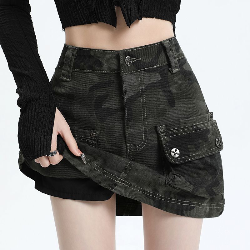 Camouflage Workwear Denim Skirt Military Green Women's Spring and Summer New American High-Waisted Hot A-Line Hip-Hugging Short Skirt