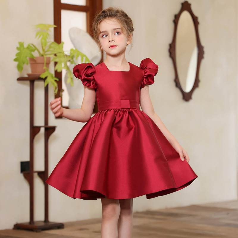 Nuevo vestido de vestir para niños, vestido de princesa con mangas abullonadas para niñas europeas y americanas transfronterizas, vestido de satén para niños, traje de fiesta de alta gama