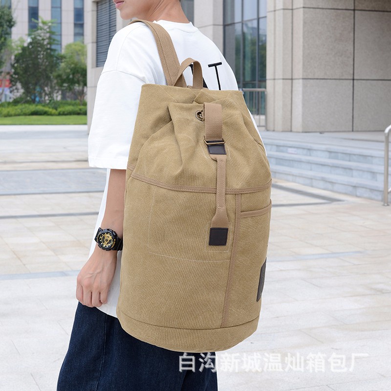 Canvas Backpack Large Capacity Bucket Bag Men's Outdoor Sports Backpack Leisure Travel Bag High School Student Bag