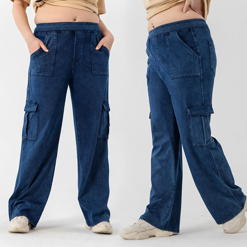 Pantalones de trabajo de piernas anchas de vaqueros de tamaño más largo, elásticos de cintura alta de doble bolsillo, pantalones casuales deportivos