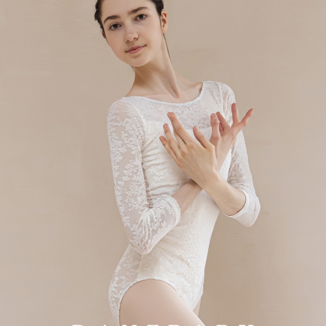 Latin dance practice clothes, body shaping clothes, round neck, long sleeves, adult velvet leotard, bodysuit, white