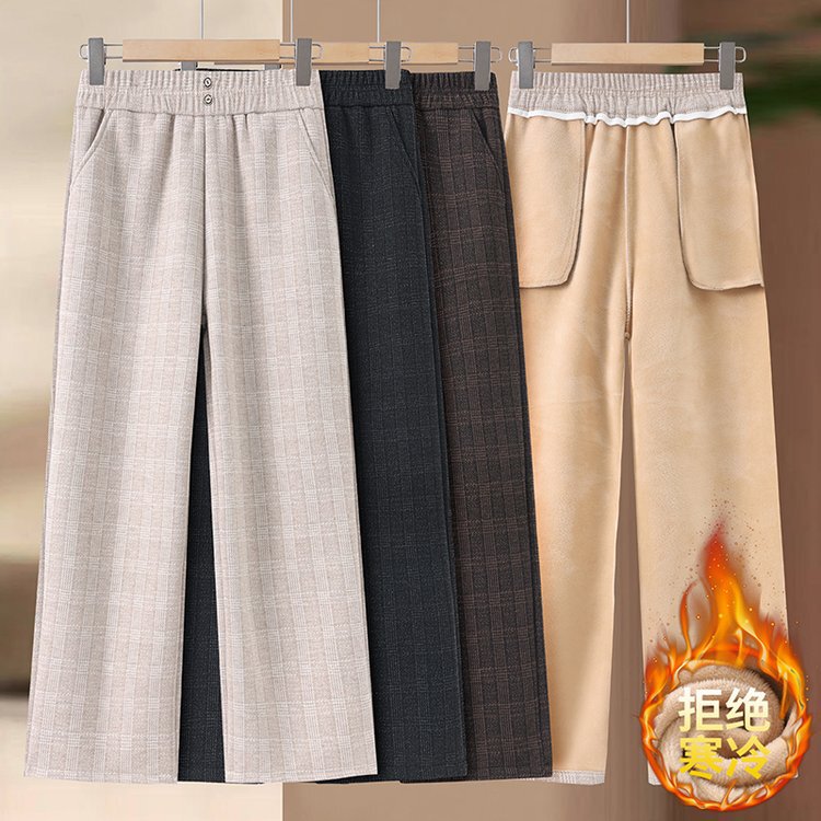 Winter mid-aged women's straight-leg pants with fleece lining, elastic waistband, loose-fitting wide-leg pants, casual plaid long pants Winter mid-aged women's straight-leg pants with fleece lining, elastic waistband, loose-fitting wide-leg pants, casual plaid long pants