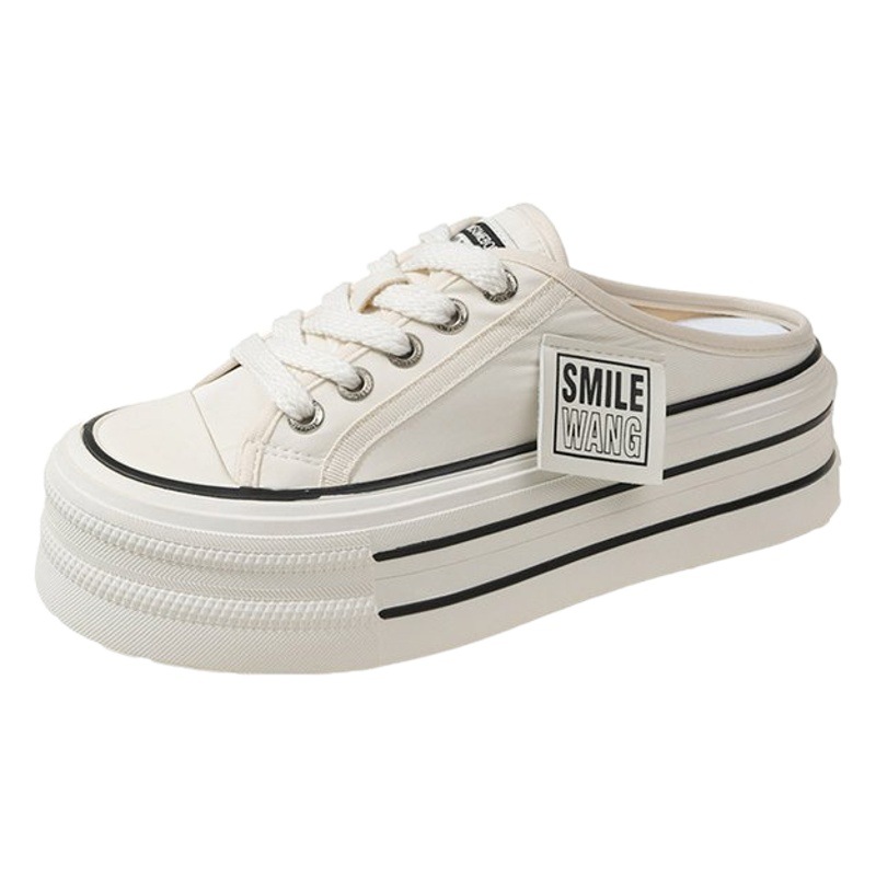 2025 New Summer Thick-Soled Heightening Slippers for Women, Lazy Slip-Ons, Trbottomyy Half-Slip Fashionable Casual Canvas Shoes