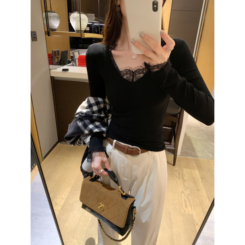 极简高级感白色蕾丝花边v领长袖t恤女2025新款早秋单穿气质小上衣|undefined