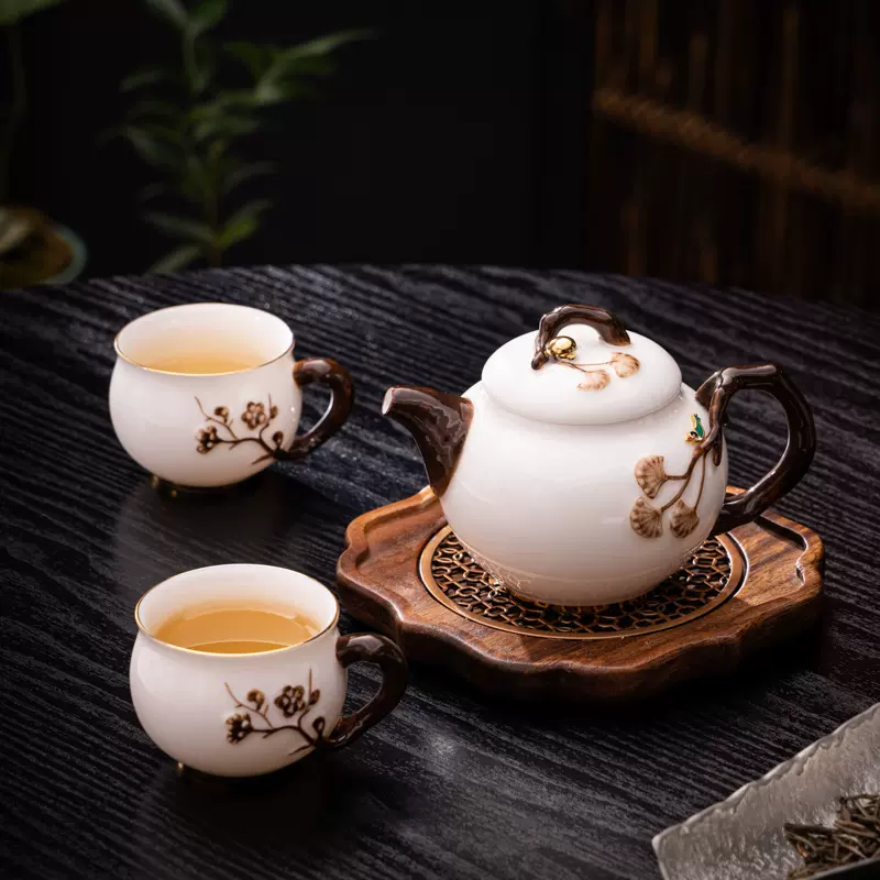 冰种玉瓷侧把壶梅花壶知足壶一壶两杯陶瓷茶具套装李辉熠泡茶壶