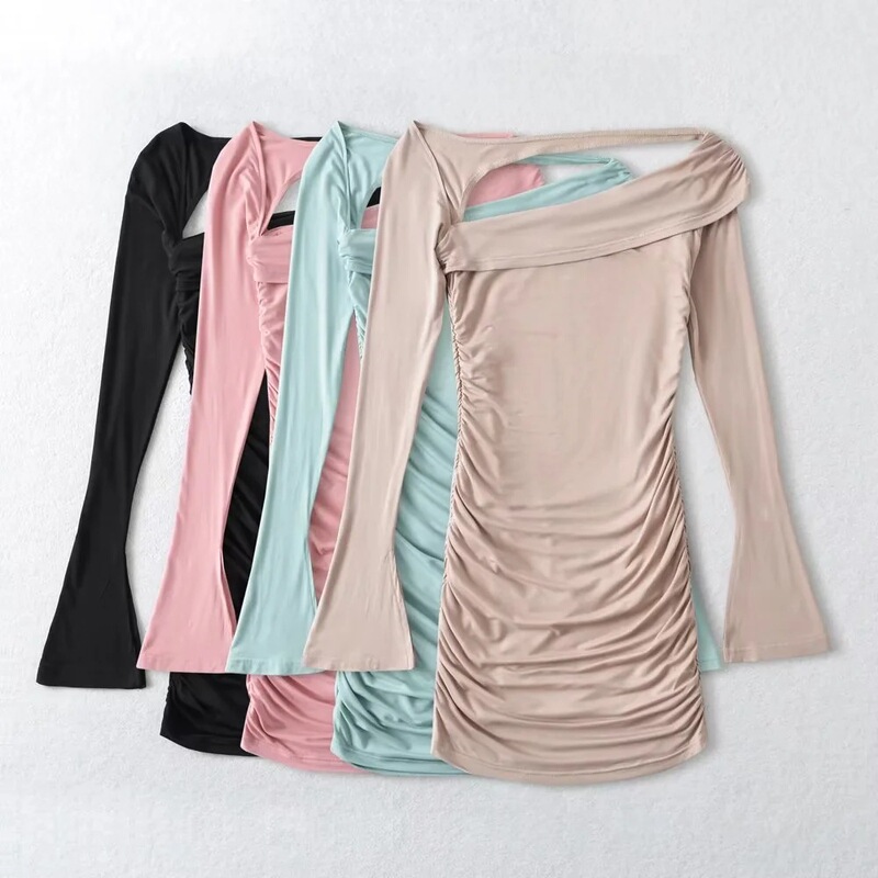 INS Pure Desire Style Slant Collar Hollow dress Summer Sexy Spice Girl Pleated Slim-Fit Lengthening Split Sleeve Hip Skirt