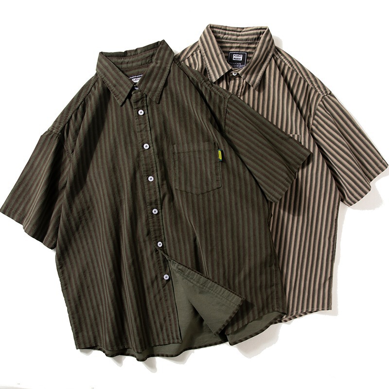 Summer Japanese Style Retro Harajuku Style Striped Short-sleeved Shirt Loose Boyfriend Style Work Dress Shirt for Men and Women