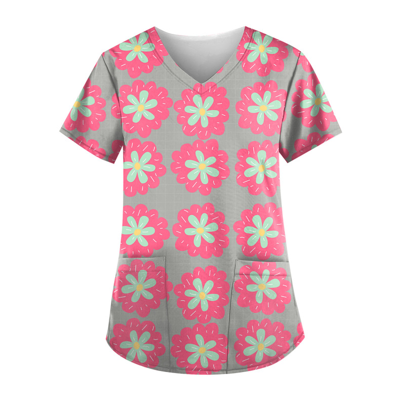 2023 European and American New Style Nursing Uniform Nurse Outfit Printed Shirt V-Neck 3D Printed Short-Sleeved Base T-Shirt Women's Clothing Wb9