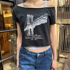 BM美式布鲁克林大桥印花棉质T恤bm短袖高腰一字领露肩短款