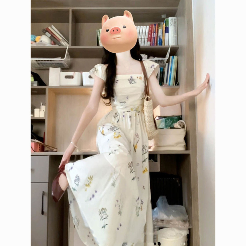 2025 新しい甘い女の子の小さなフライングスリーブ花柄スクエアネックドレス夏のハイウエスト痩身海辺休暇気質ロングドレス|undefined
