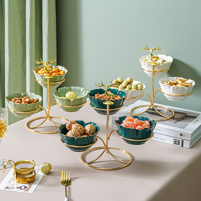 Plato de fruta de cerámica multicapa hogar sala de estar mesa de café creativo merienda plato de fruta seca de lujo ligero decoración de mesa de postre