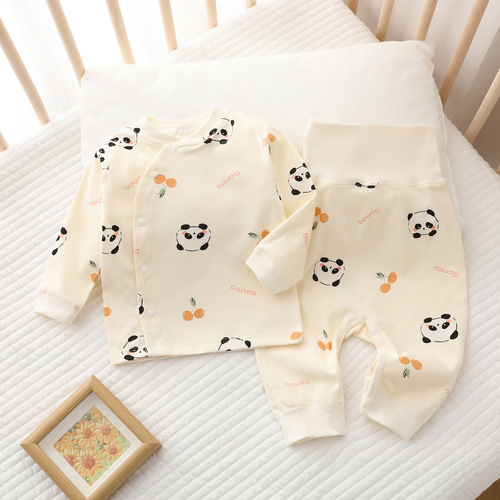 Baby sleepwear pure cotton autumn shirt and pants spring and autumn high-waisted belly protector newborn separate set baby winter base layer
