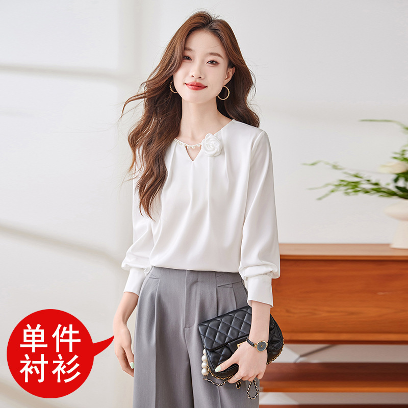 白色长袖衬衫女2025春季新款修身显瘦设计感长袖职场时尚翻领上衣|undefined