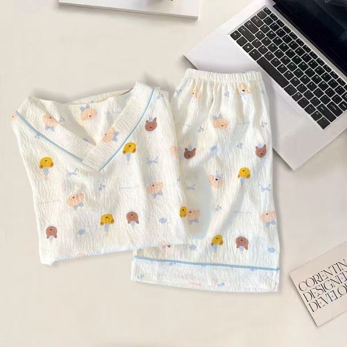 Vietnam transfronterizo transmisión en vivo estilo caliente verano con cuello en V nube pijamas de algodón pantalones de manga corta para mujer traje de servicio a domicilio para estudiantes de dibujos animados