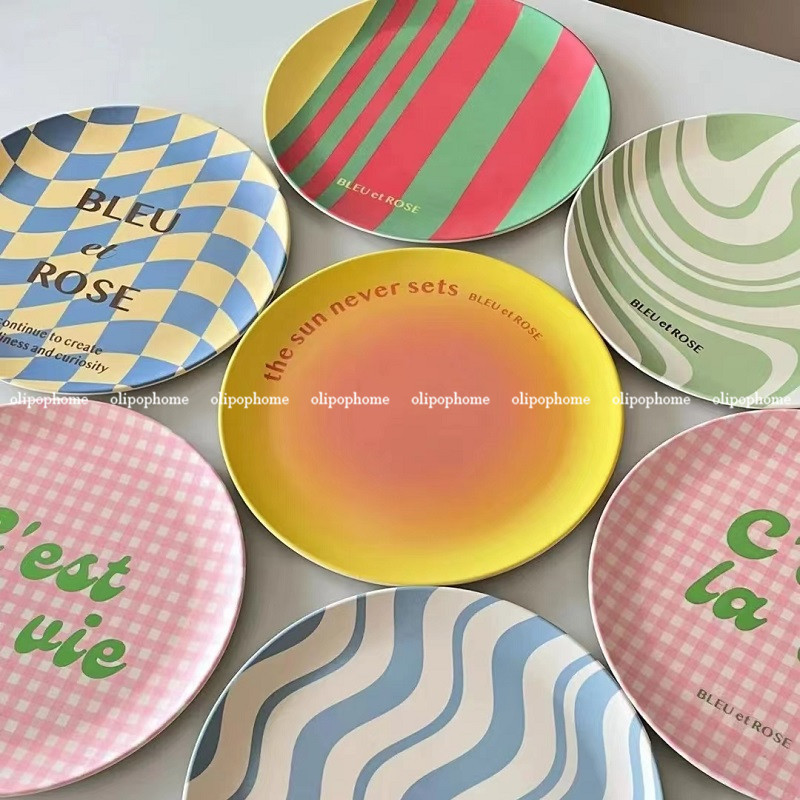 Colorful Candy Original Ins Checkerboard Bamboo Fiber Plate Bamboo Fiber Tableware Round Salad Dessert Plate